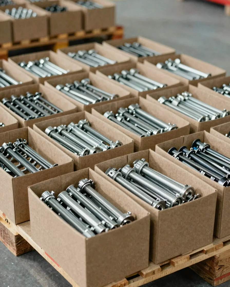 Close-up of neatly packed metal hardware products in brown kraft cartons on wooden pallets, soft factory daylight, neutr